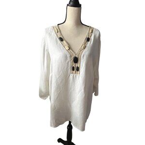 Russell Kemp Linen Blend Blouse White V Neck Stone Accents Size 2X